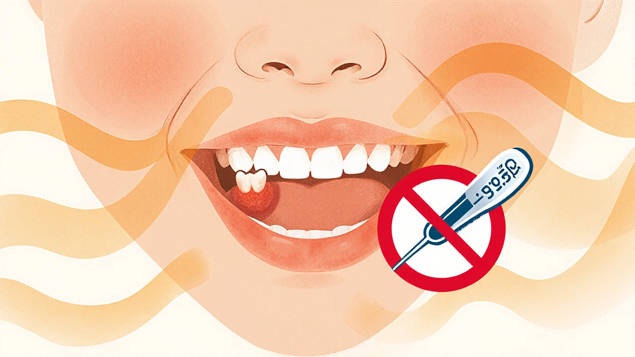 Výřez dítěteho úst s prorážejícím zubem a symbolickým vyloučením horečky nad 38 °C.