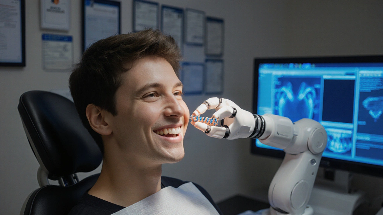 Young patient in modern dental clinic with robotic system aligning teeth precisely.