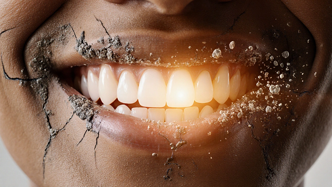 Zářivý úsměv vzniká z rozpadajícího se zubního kamene jako symbol obnovy.