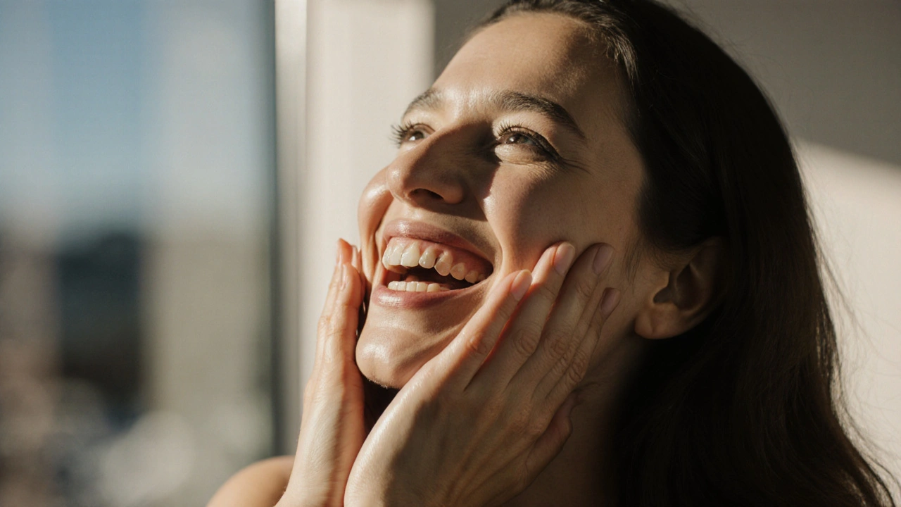 Žena se směje sebevědomě, ukazující přirozený úsměv s celokeramickými fazetami.