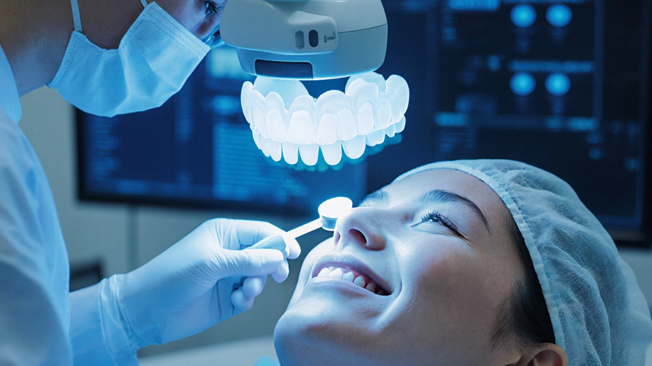 Zubní lékař používá digitální skener s 3D projekcí keramické korunky nad ústy pacienta.