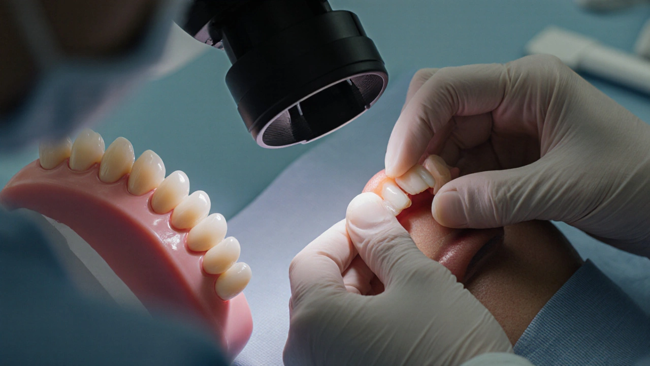 Zubní lékař připevňuje keramickou fazetu na zub s přesností.