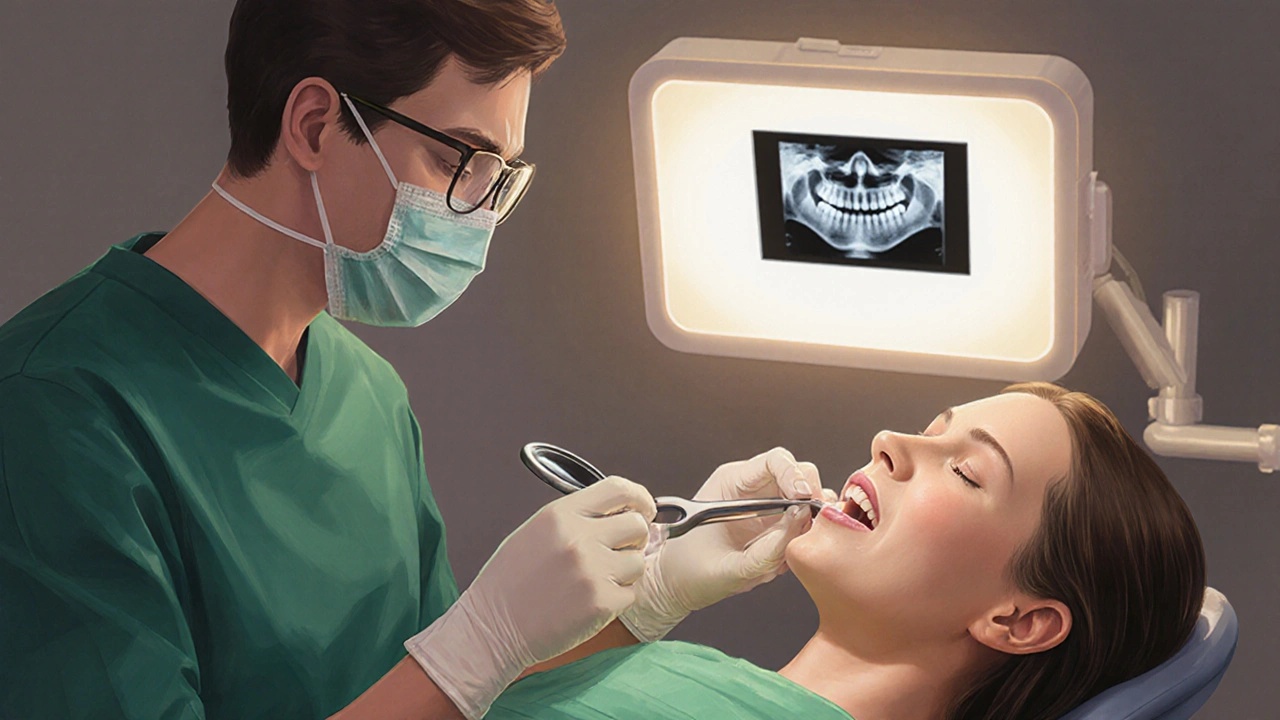 Zubní lékař provádí vytržení zubu v klinice s rentgenem a odbornými nástroji, pacient je klidný.