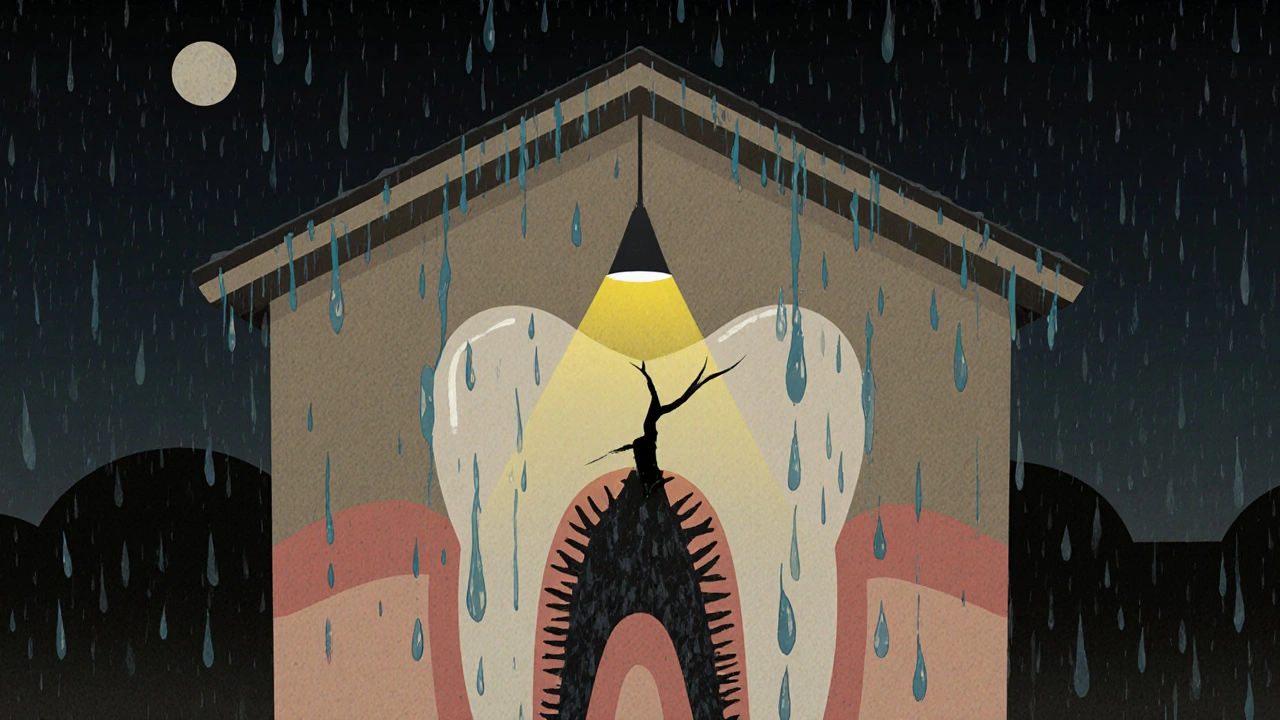 Zubní prasklina jako střešní díra, kde bakterie pronikají dovnitř.