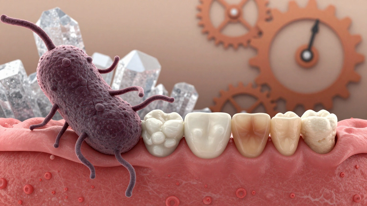 Abstraktní znázornění bakterií a zubního kamene růstících jako rostlina na zubech.