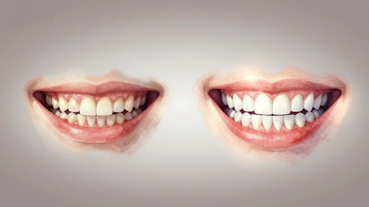 Before and after visual comparison of crooked teeth transformed by veneers into a bright, even smile.