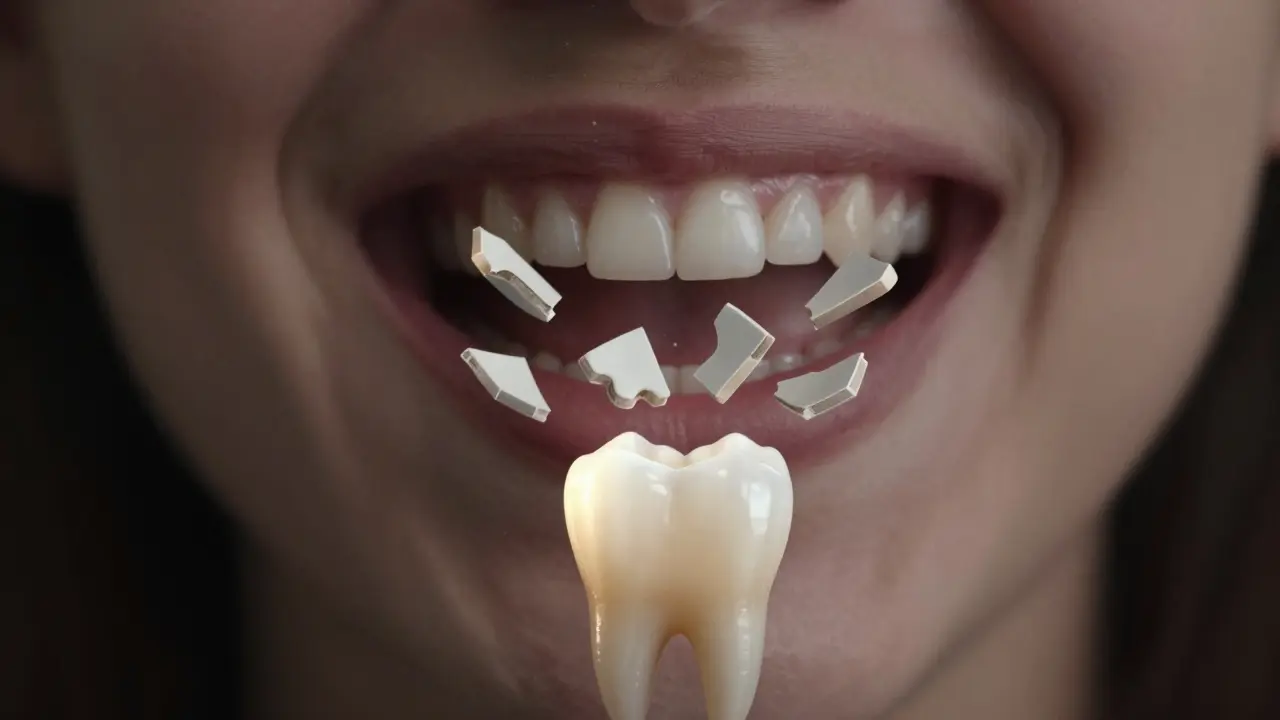 Broken veneer fragments floating above a healthy tooth, symbolizing proper vs. poor installation.