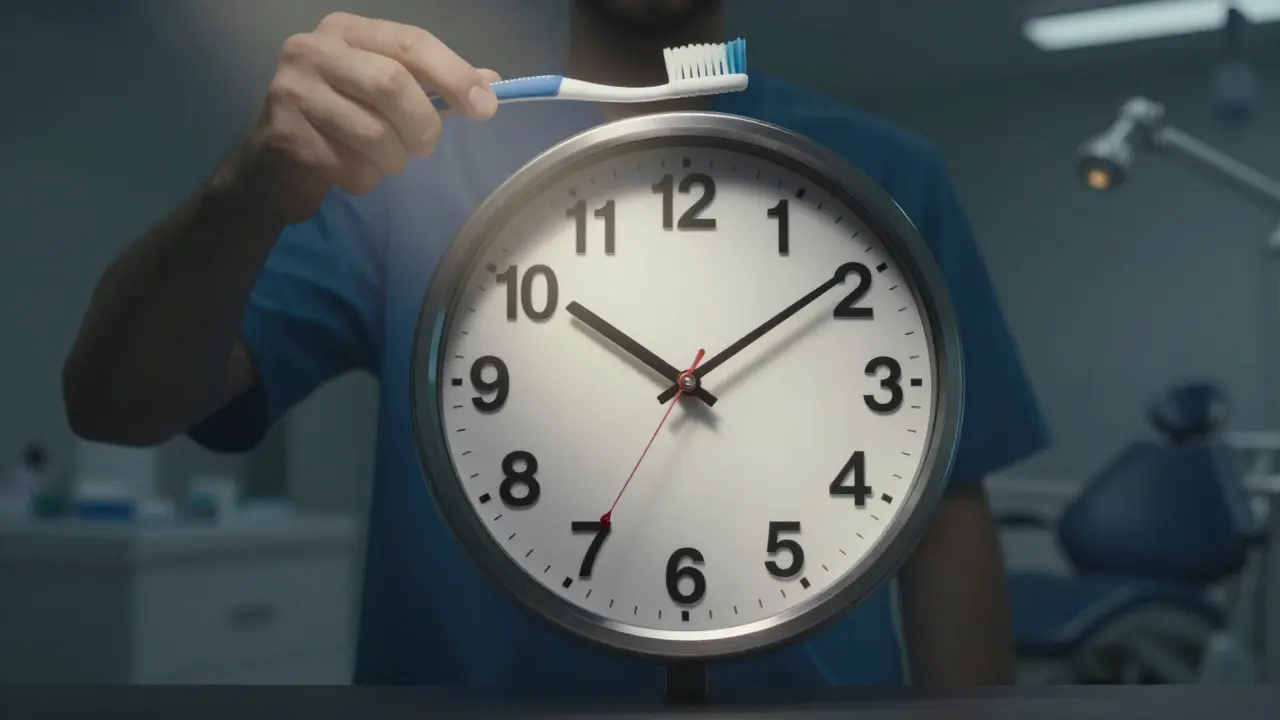 Clock with teeth as hour markers, symbolizing stages of dental hygiene and consequences of neglect.