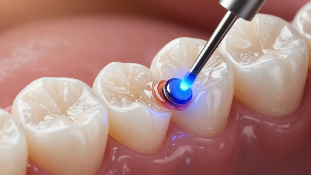 Close-up of a ceramic veneer being bonded to a tooth with precise enamel preparation.