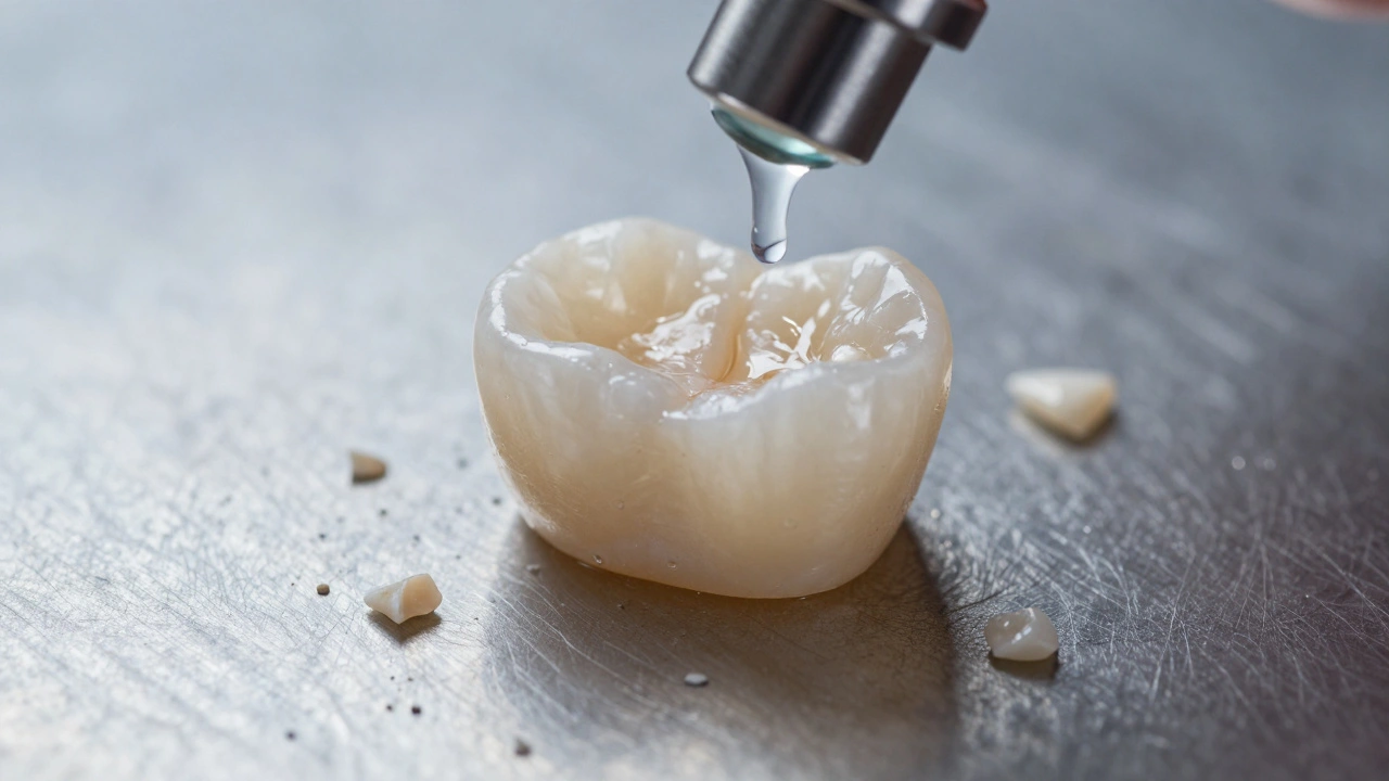 Close-up of a single ceramic veneer with detailed surface structure and dental adhesive.