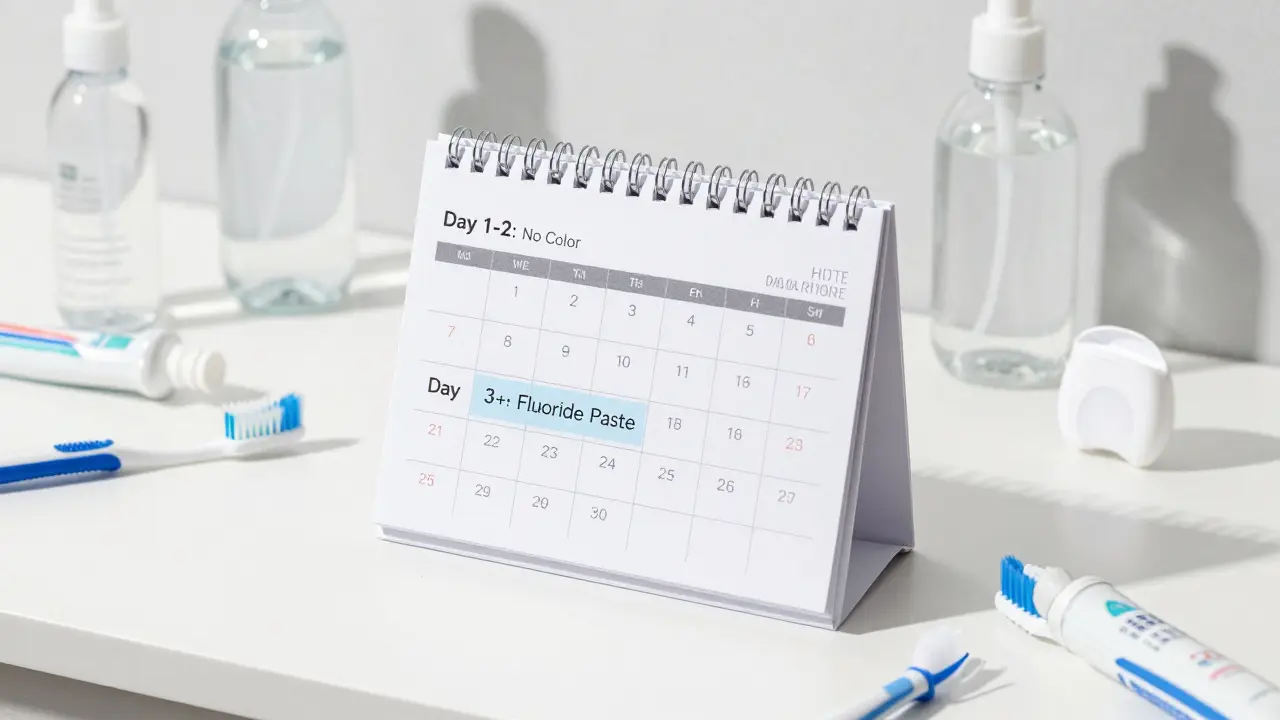 Denní péče o zuby po bělení: zubní pasta s fluoridem, voda a nitě na bílém povrchu.