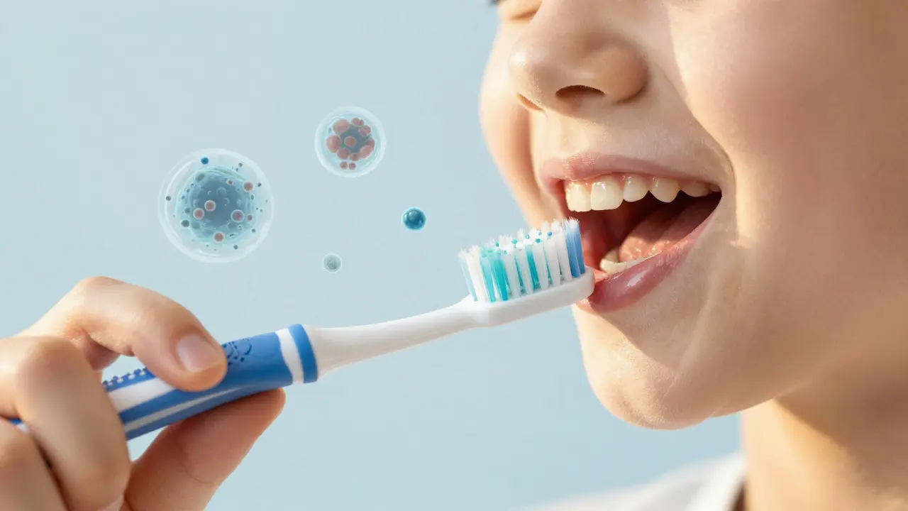 Dětský Curaprox Kids kartáček čistí zuby dítěte jemnými vlákny, bez tlačení a s viditelným odstraňováním plaku.