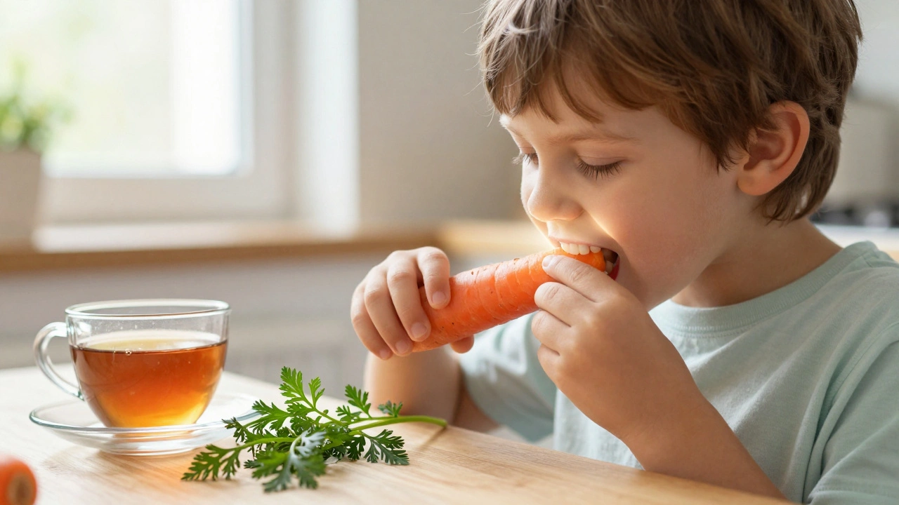 Dítě kousá mrkev po jídle jako přirozený způsob čištění zubů.