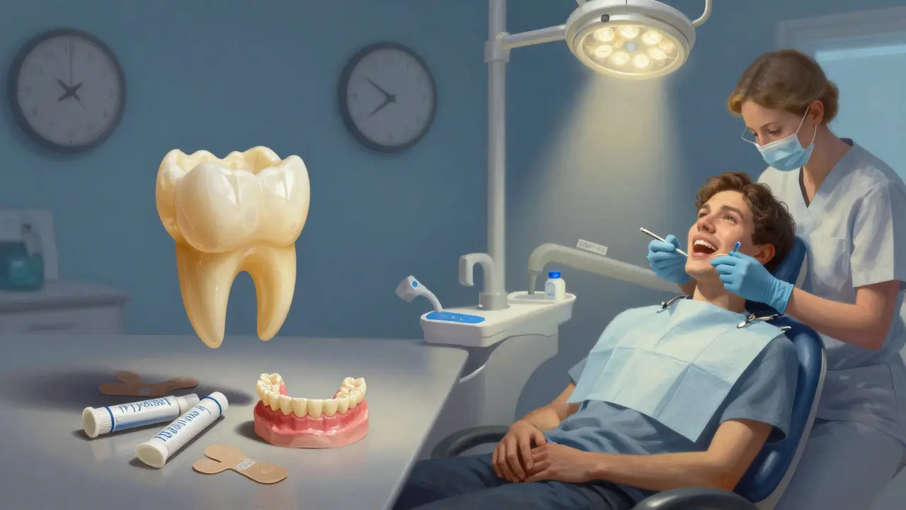 Dvě cesty: odlepené zuby vs. zubní lékař s přirozenými zuby.