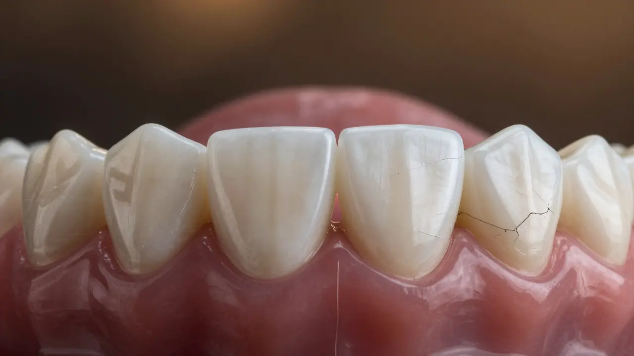 Dvě strany keramické korunky: jedna čistá a poškozená, symbolizující vliv péče.