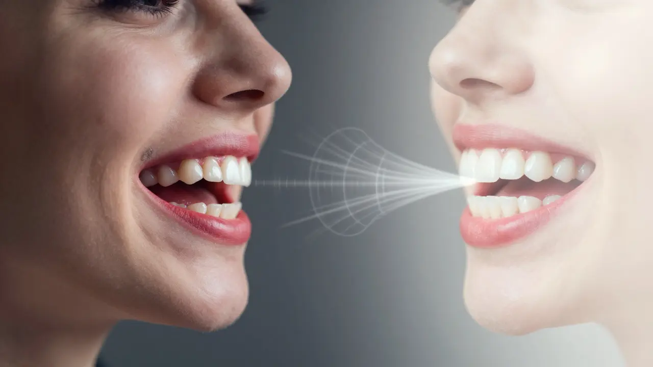Dvě strany úsměvu: jedna se zánětem a kamenem, druhá se zdravými dásněmi a ultrazvukovými vlnami.