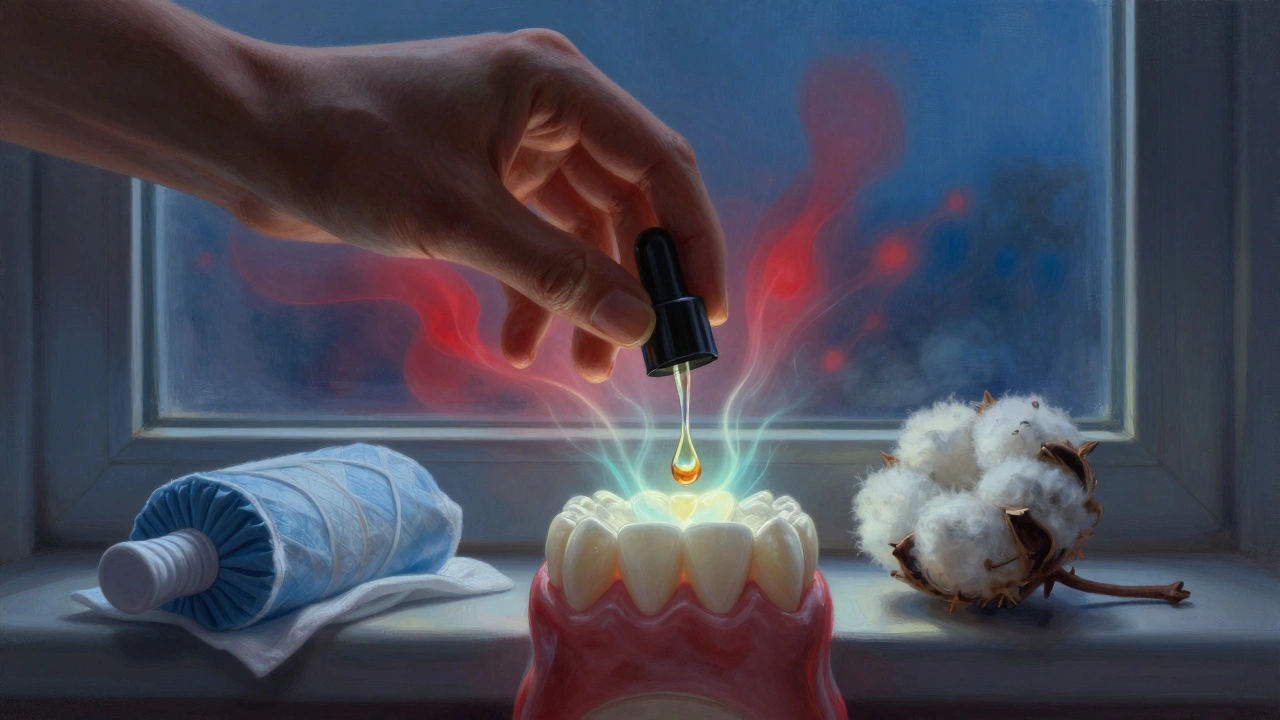 Kapka klíčkového oleje je aplikována na vatový disk pro úlevu od bolesti zubů.