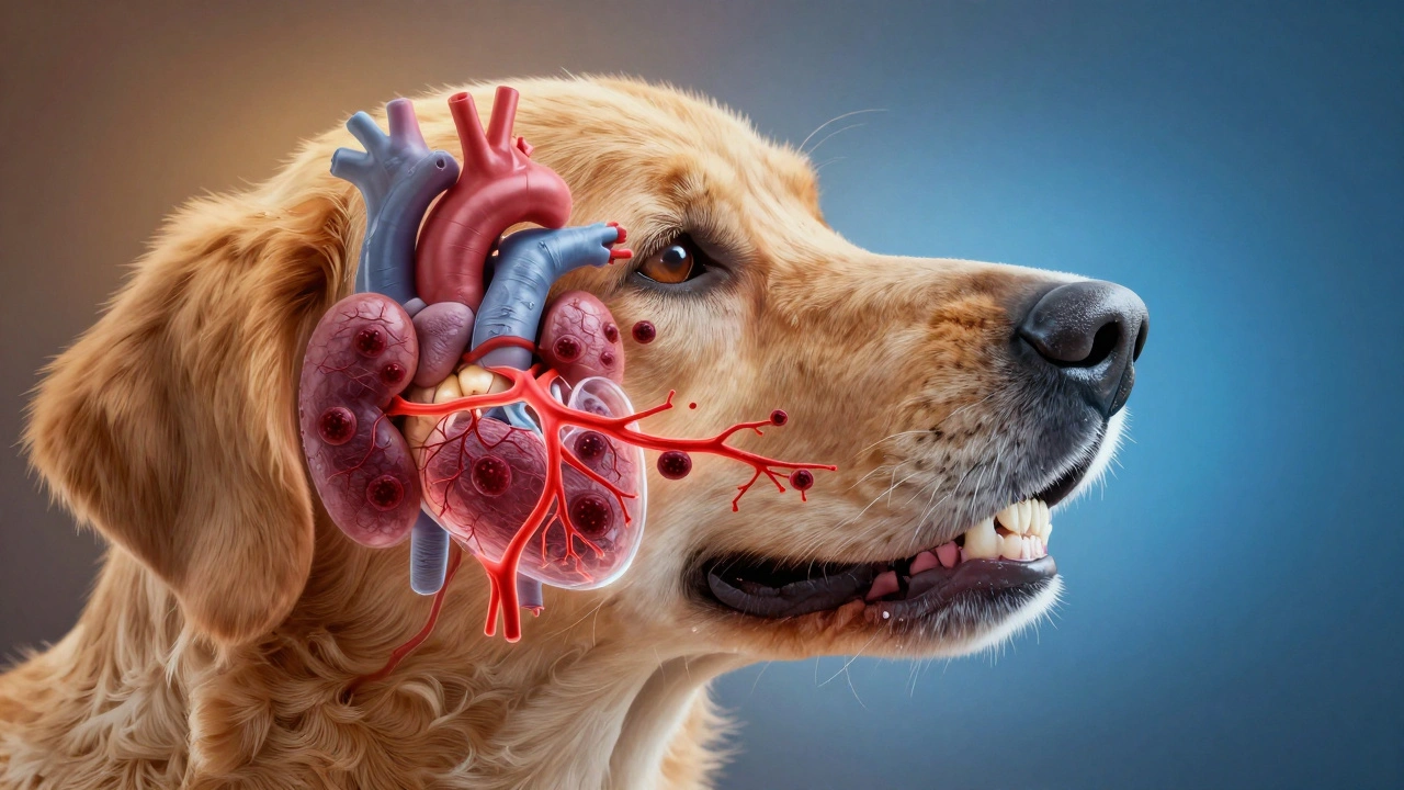 Koncepční obrázek infekce zubů šířící se do srdce a orgánů psa.