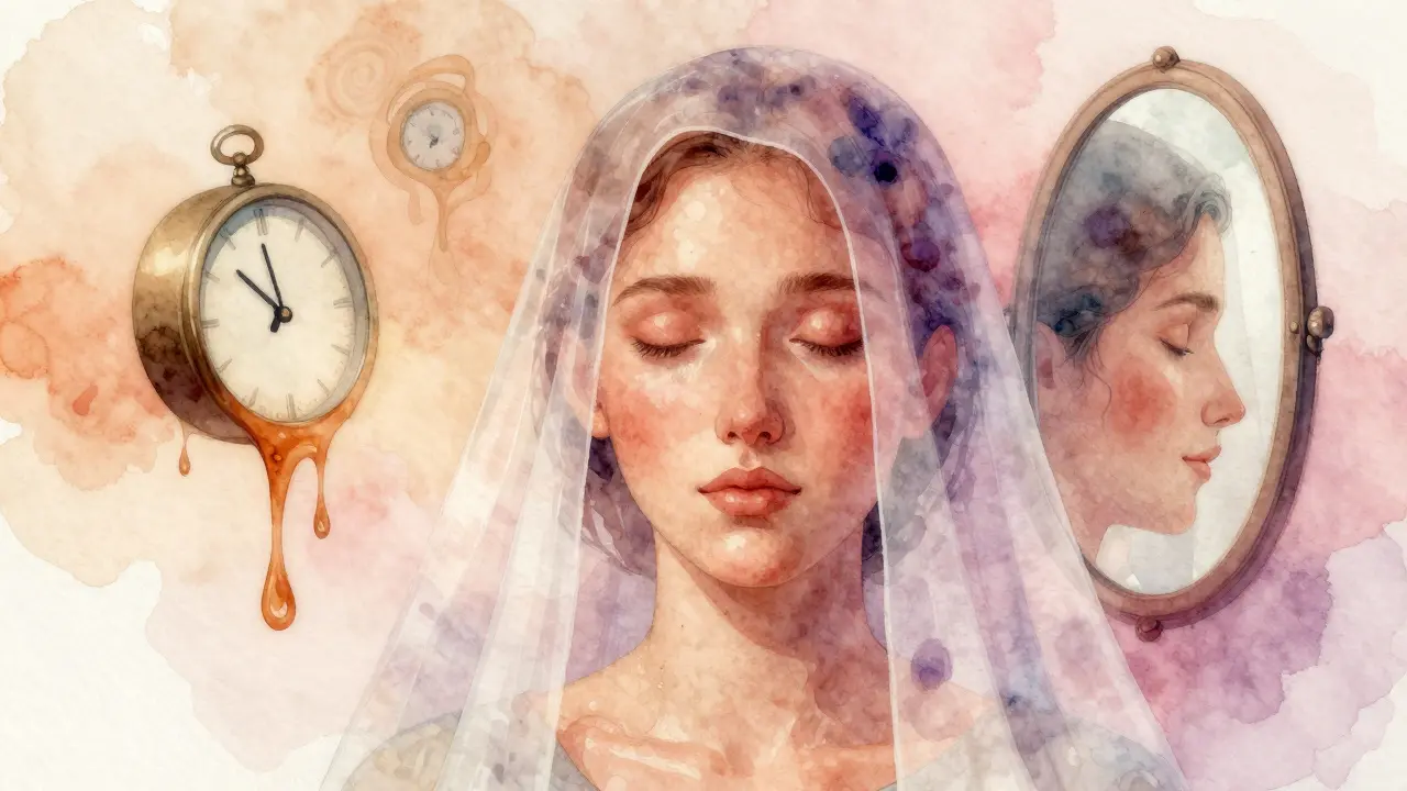 Konceptuální obraz tváře, jak se vylučuje z otoků a modřin do jasnější, klidnější podoby.