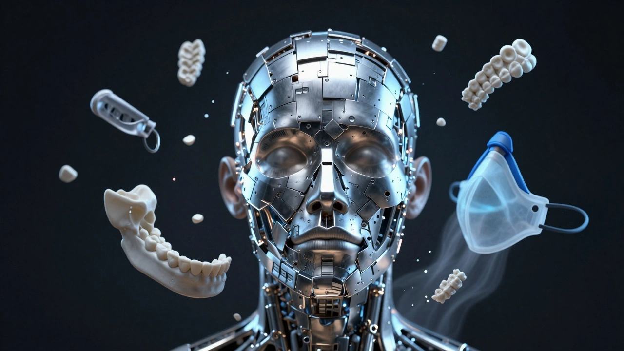 Kostní struktura obličeje s titanovými deskami a rozpadajícími se příznaky dysfunkce.