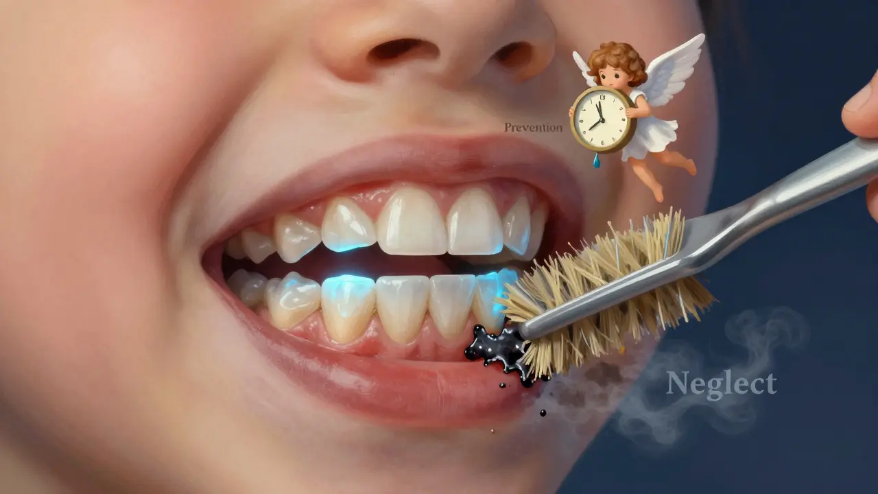 Křehký pohled do dětského ústního ústrojí: zdravé zoubky září, zubní kámen se odstraňuje, symbolizující prevenci.