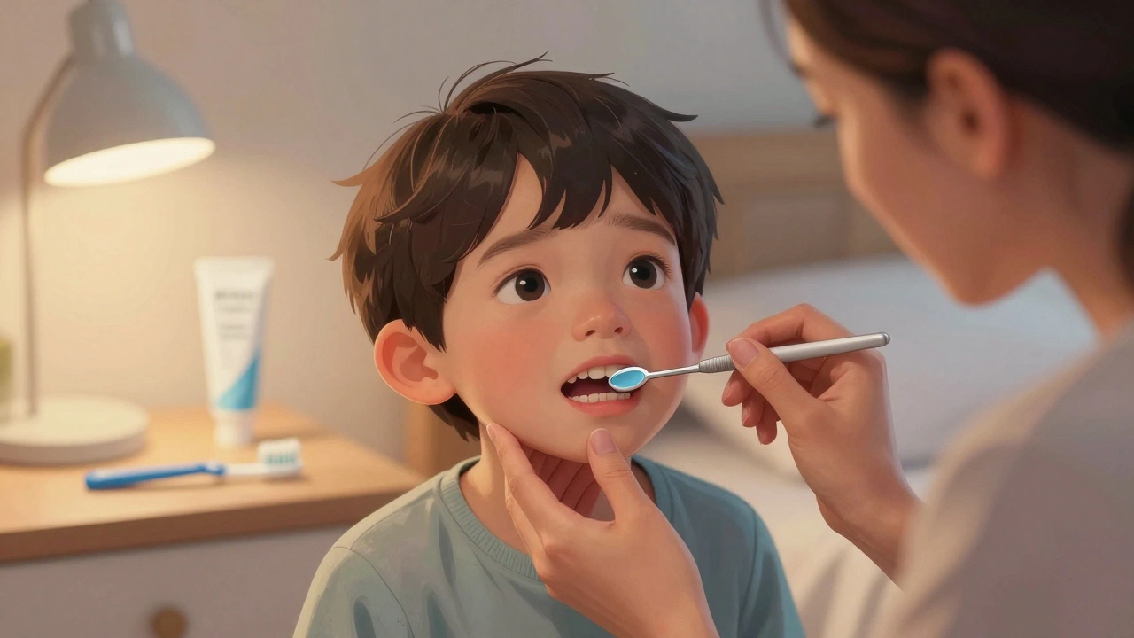 Matka používá zrcátko k prohlídce zubů dítěte doma ve večerním světle.