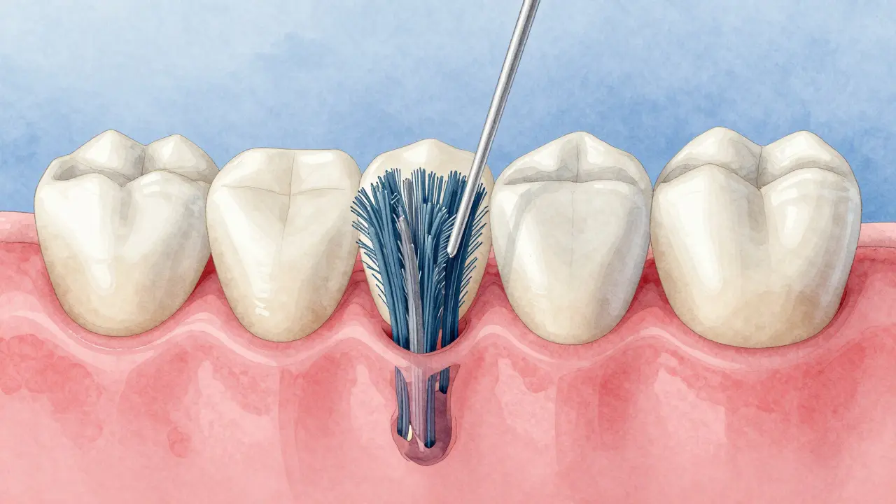 Mikroskopický pohled na štětiny Curaprox čistící mezi zuby bez poškození dásní.