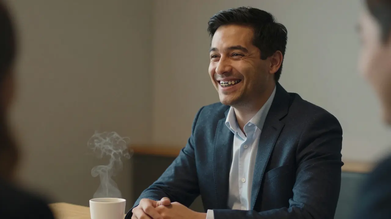 Muž se směje na pracovní schůzce, keramická rovnátka téměř neviditelná.