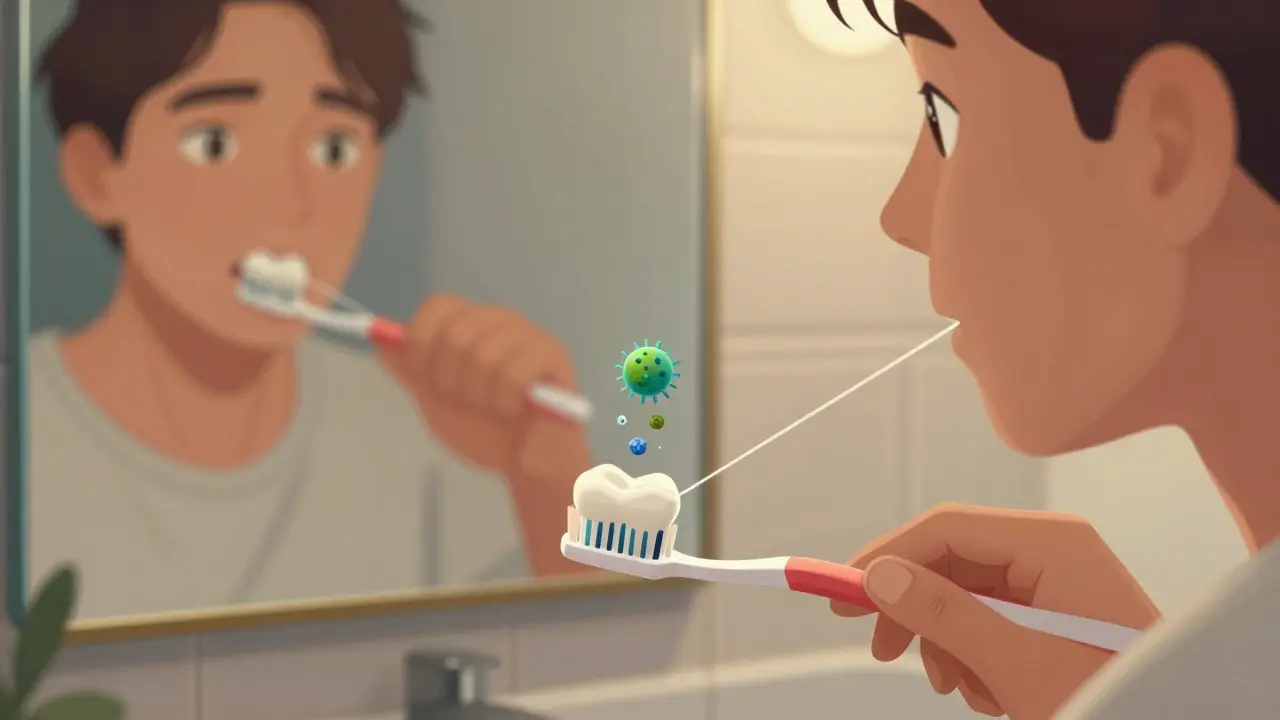 Osoba čistí zuby kartáčkem a zubní nití, důraz na péči o korunku.