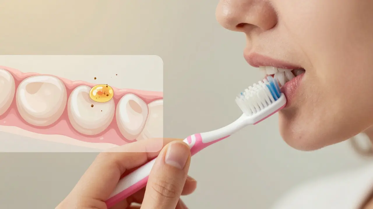 Osoba jemně čistí zuby měkkým kartáčkem bez abrazivní pasty.