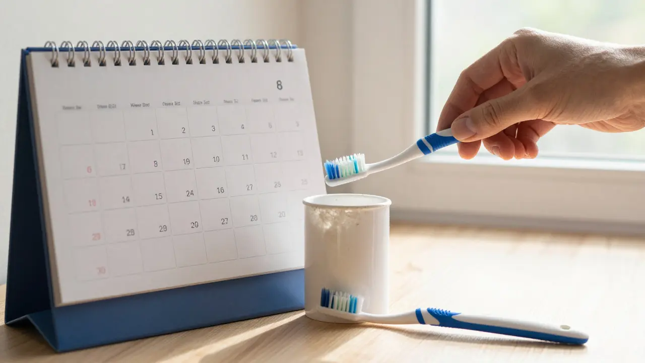 Porovnání nového Curaprox kartáčku a poškozeného běžného kartáčku na stole.