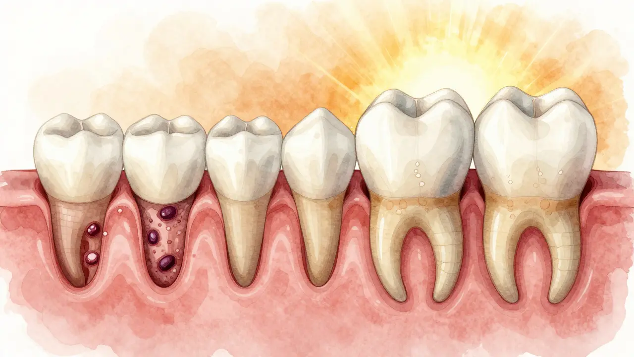 Porovnání poškozeného a hojícího se parodontálního tkáně s regenerací kosti.