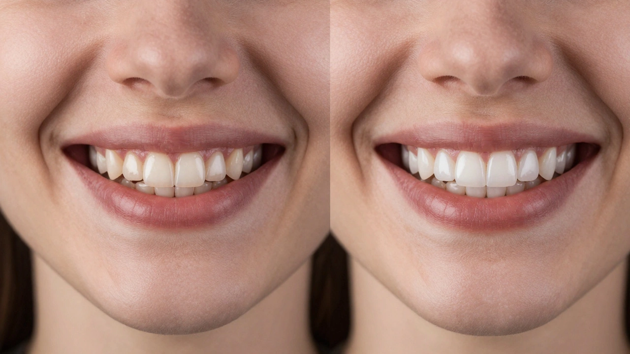 Porovnání úsměvu před a po aplikaci zubních fazet.