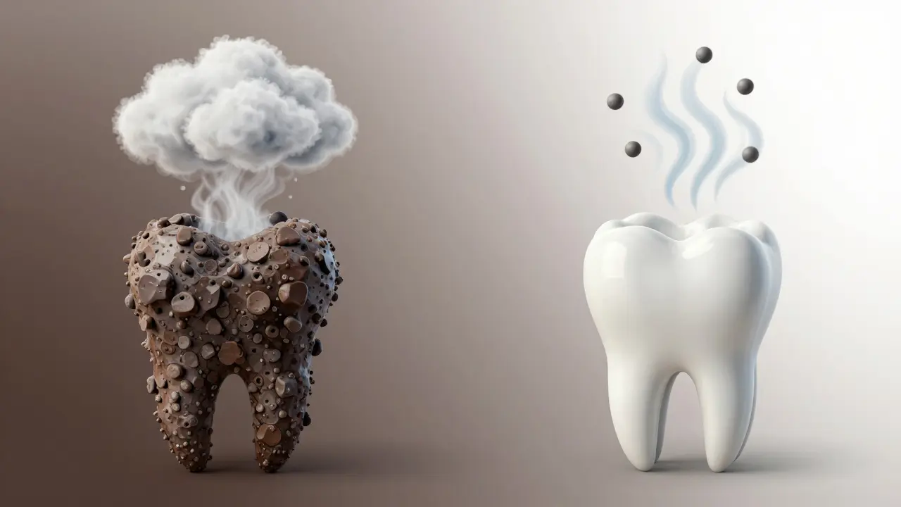 Porovnání zubu s kamenem a bez něj – zápach vs. čerstvý dech