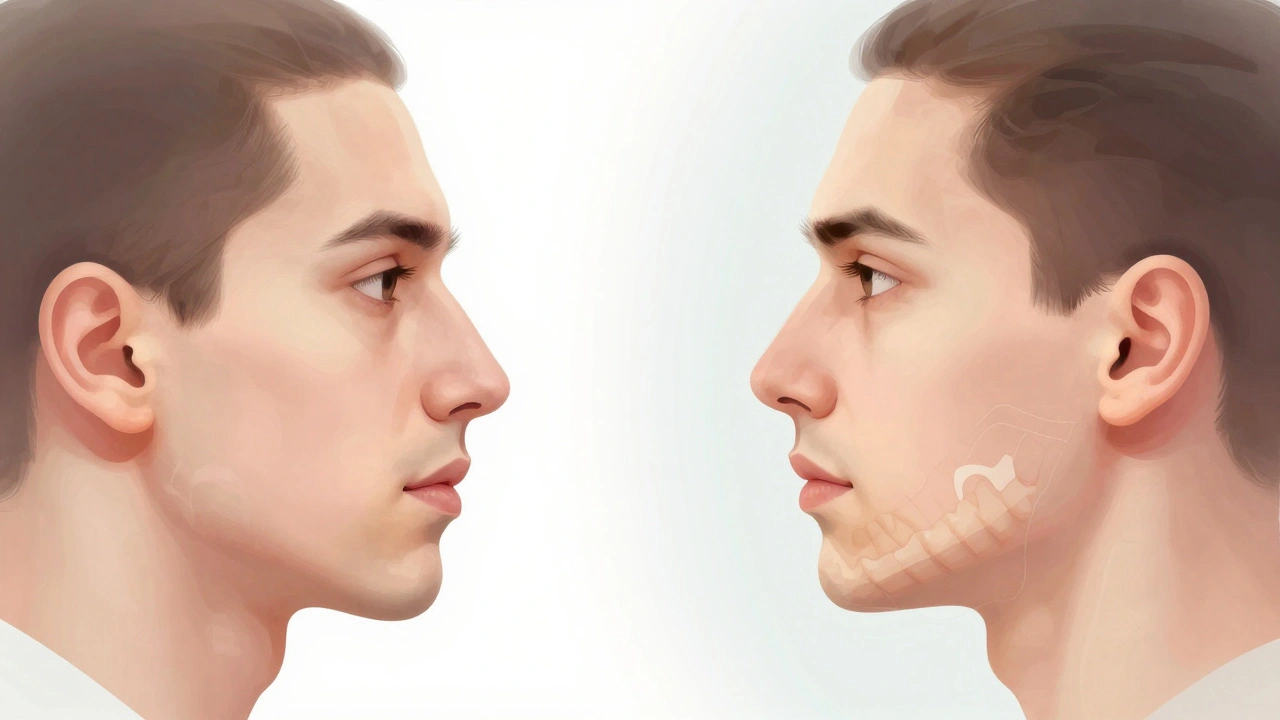 Před a po operaci: výrazná úprava tvářového profilu po korekci dolní čelisti.