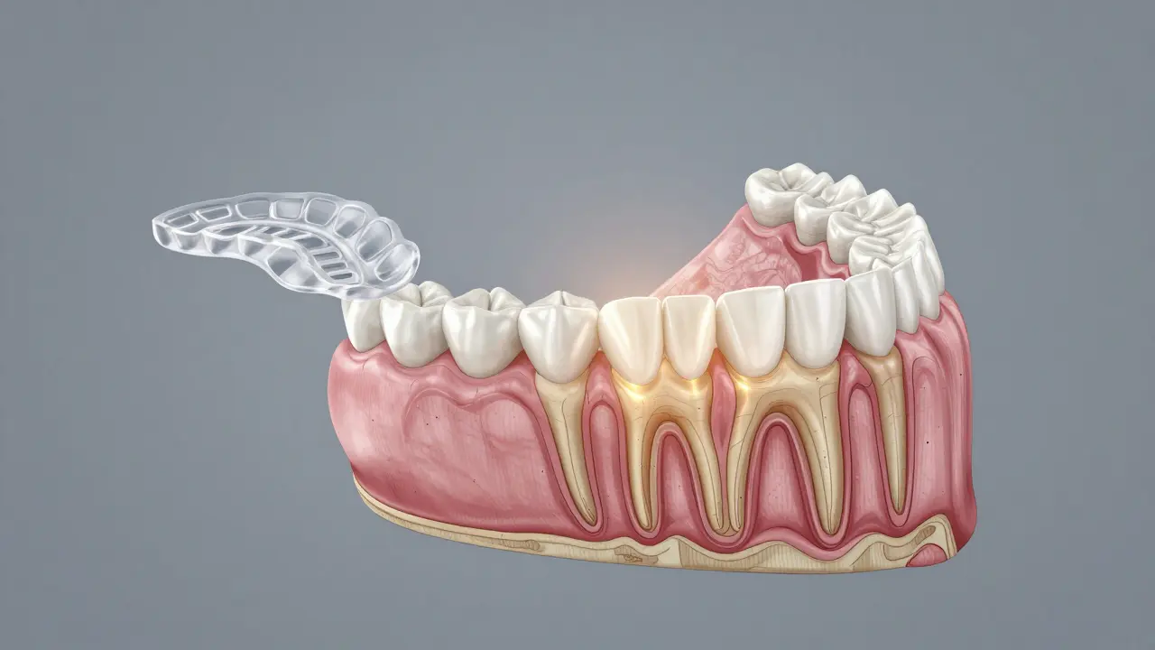 Přehled lidské čelisti s rovnátky, která pomáhají přesouvat zuby v kosti.