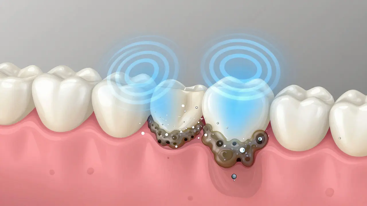 Přehled zubů a dásní s ultrazvukovými vlnami rozkládajícími zubní kámen pod dásněmi.