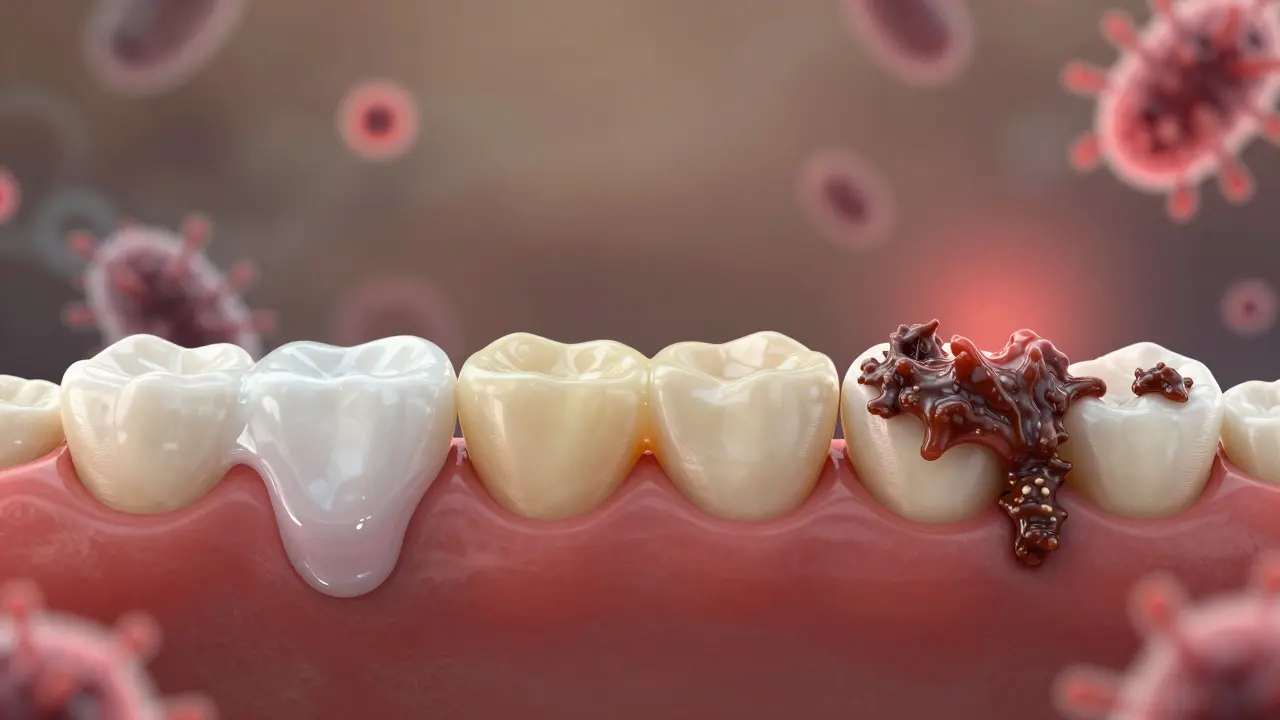 Přeměna zubního plaku na tvrdý kámen v časové řadě na zubech.