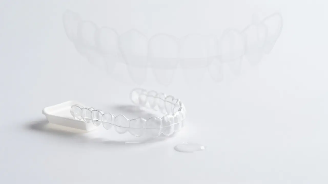 Průhledné rovnátka a retence na bílém pozadí s náznakem pohybu zubů.