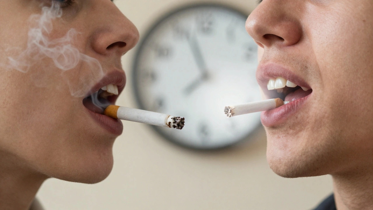 Rozdělený obrázek: špatné zuby a dásně vs. hojící se ústa po přestání kouřit.