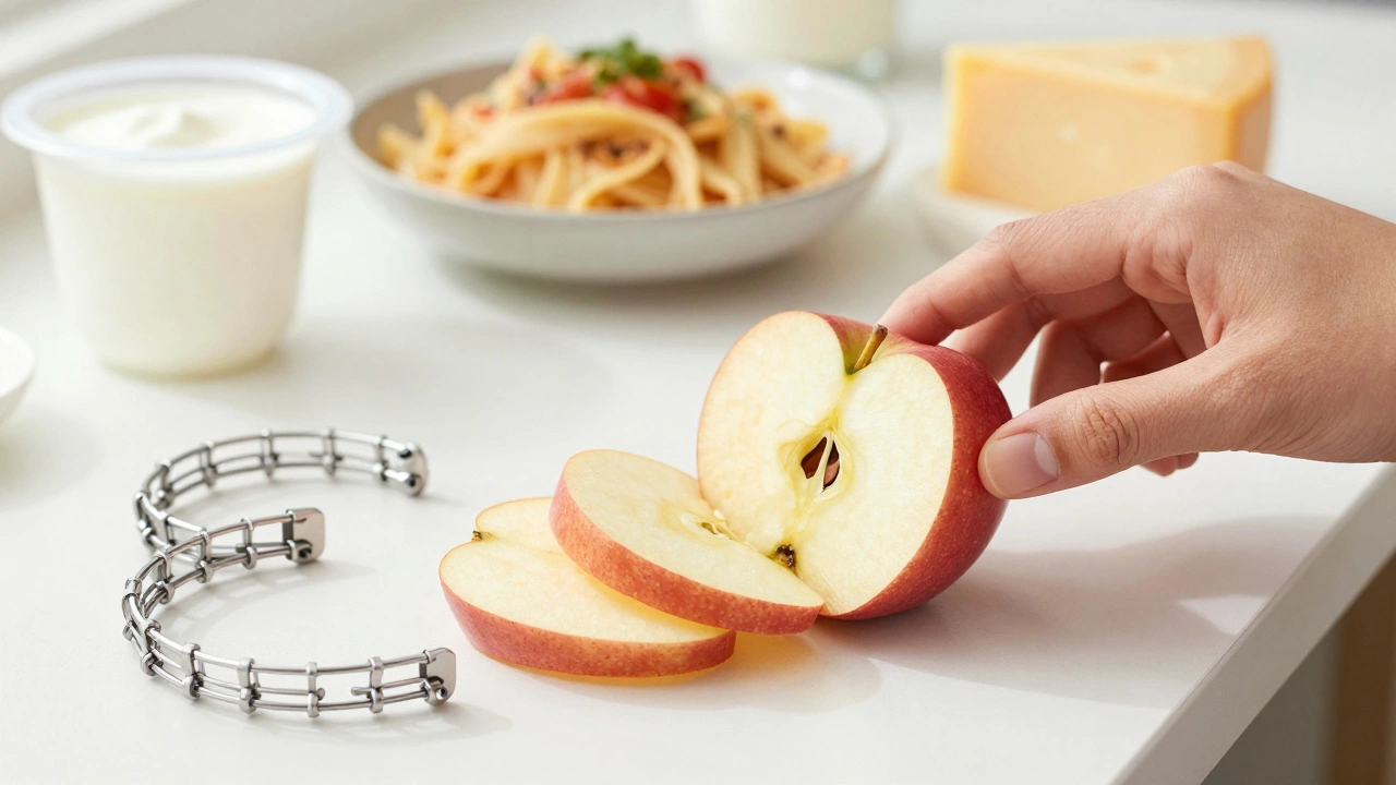 Ruka nakrájí jablko na tenké kousky vedle rovnátek.