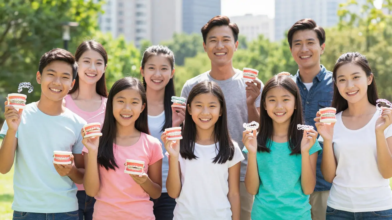 Různé věkové skupiny drží různé typy rovnátek, všichni se smějí v parku.