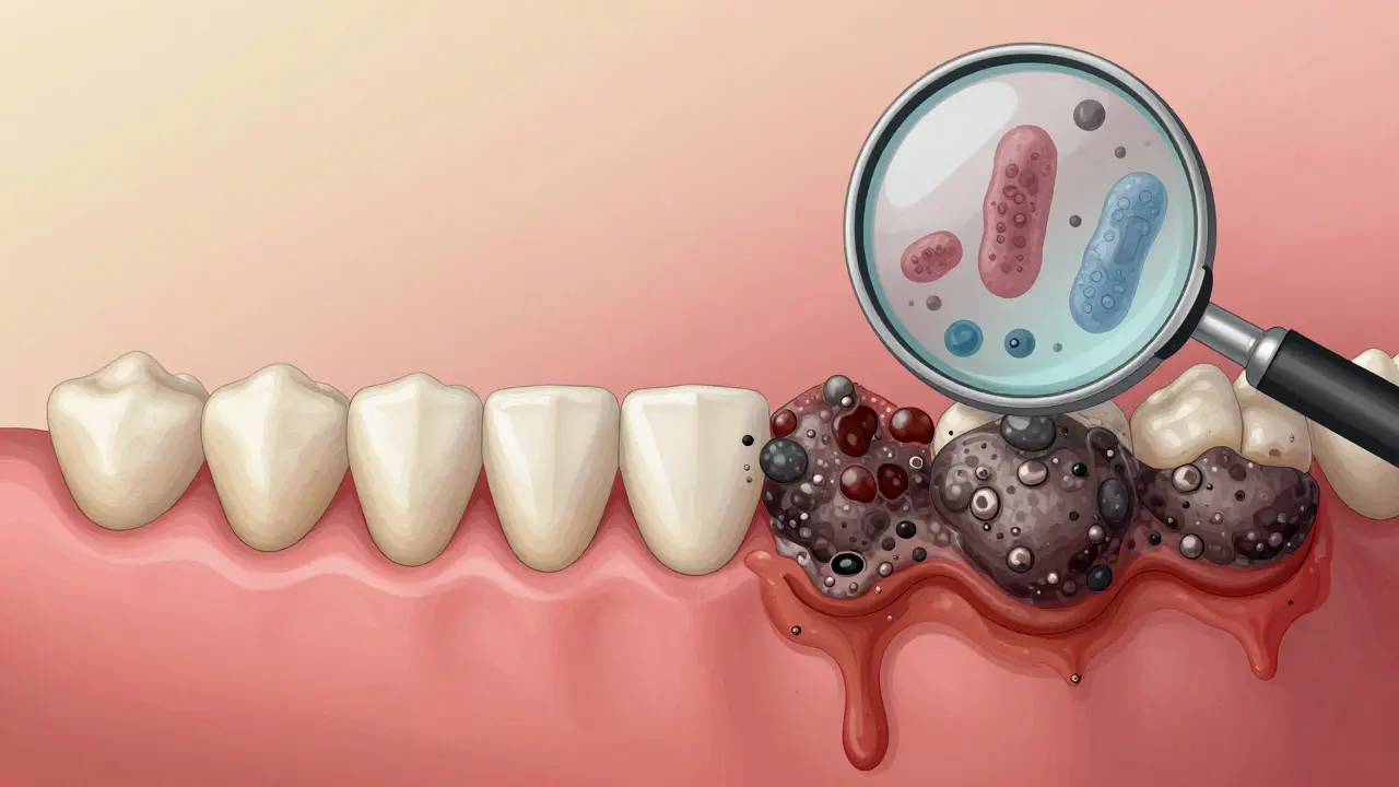 Side-by-side comparison of healthy gums and inflamed gums with tartar buildup beneath the gumline.