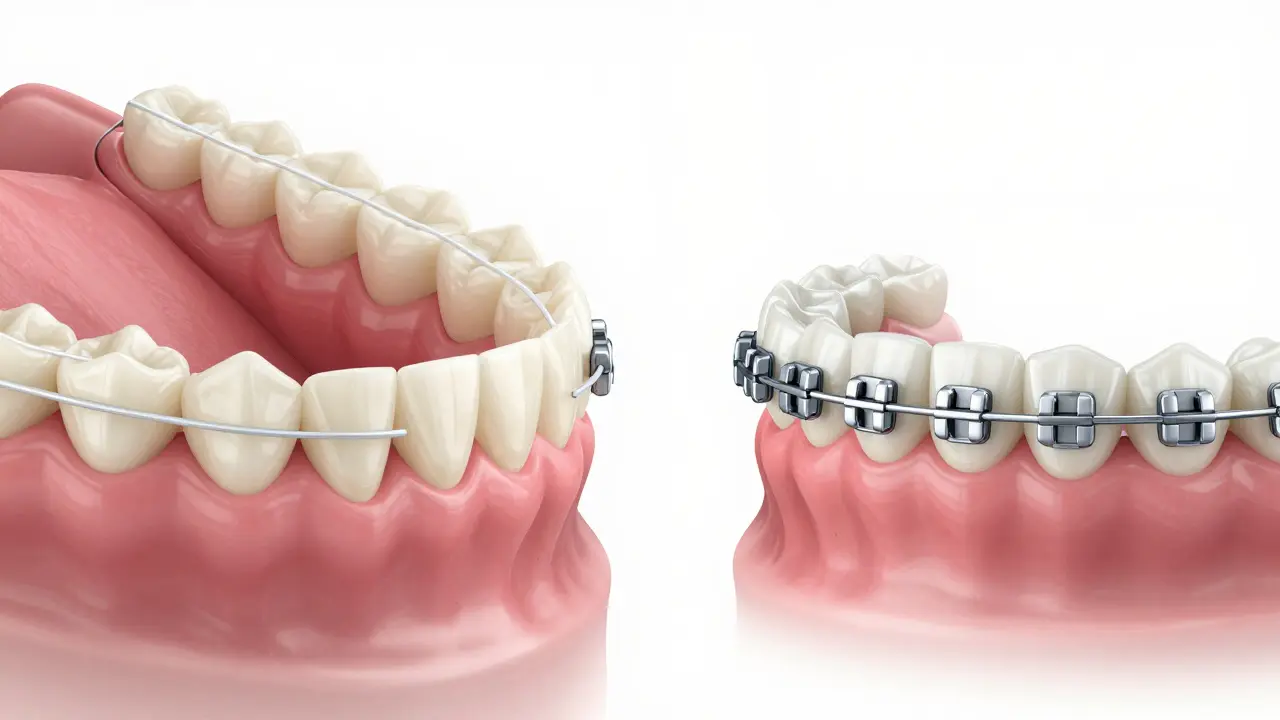 Srovnání keramických a kovových rovnátek v detailu na zubech.