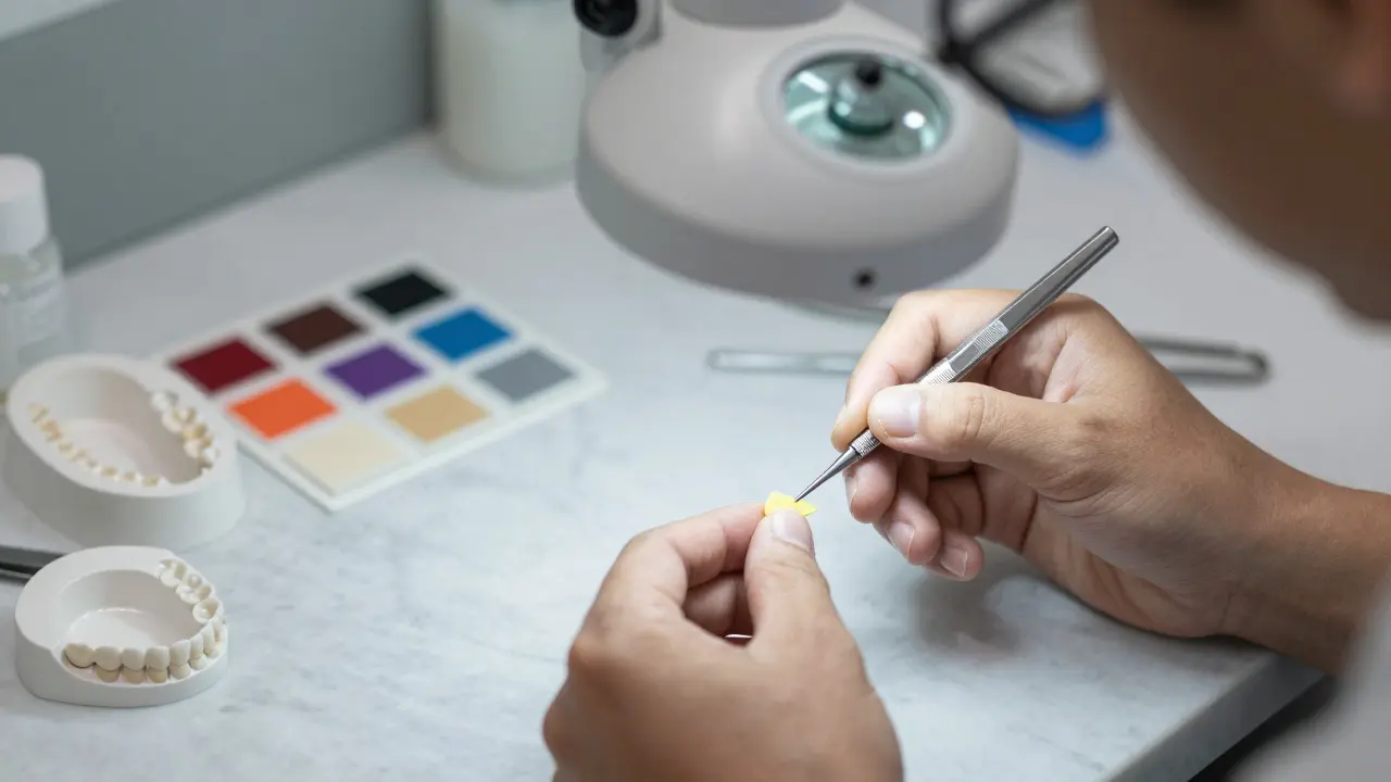 Technik v zubní laboratoři přesně tvaruje keramické veneery pod světlem lupy.