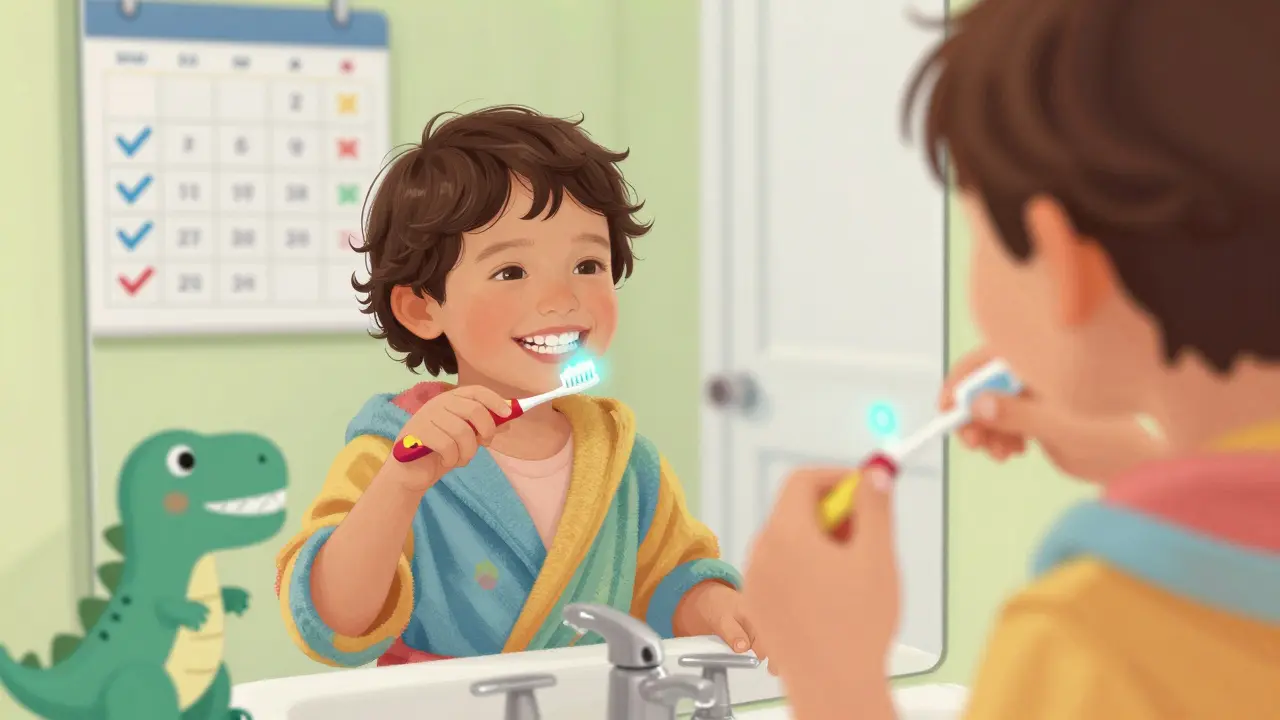 Tříleté dítě a rodič společně čistí zuby před zrcadlem, dítě drží kartáček s hrdinou z kresleného filmu.