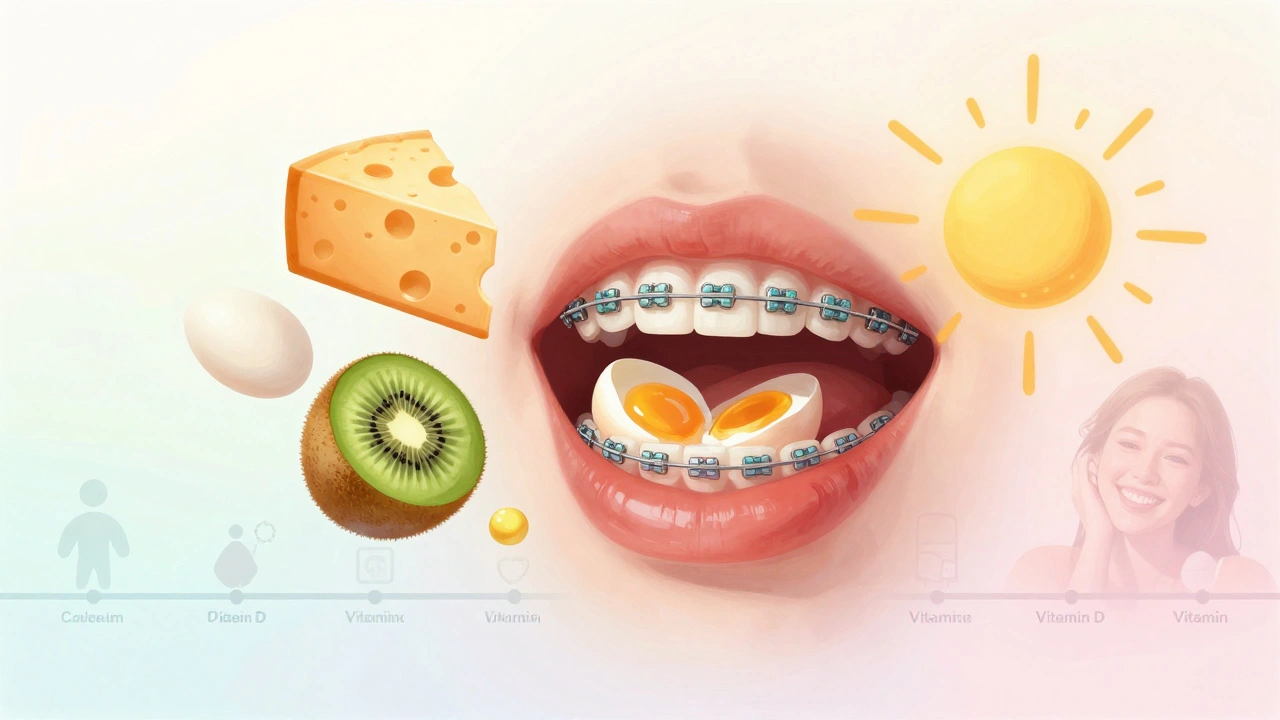 Ústa s rovnátkami obklopená živinami pro zdravé zuby.