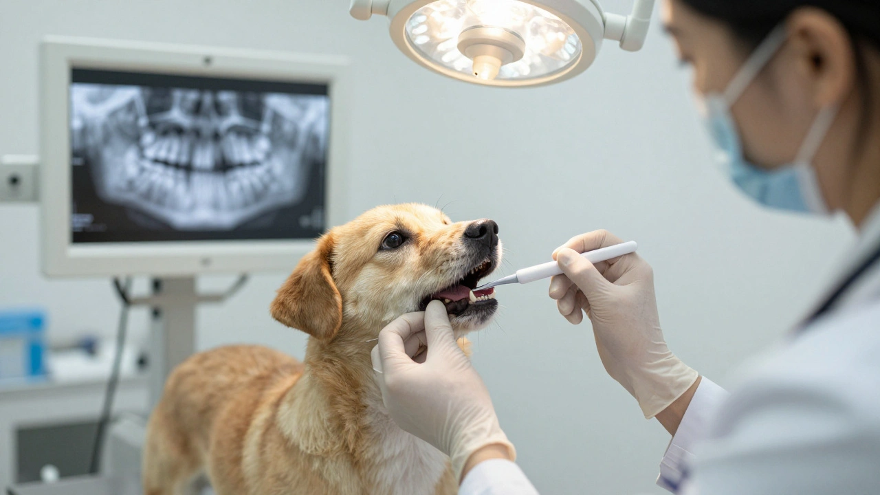 Veterinář prohlíží psí ústa v klinice s rentgenem na pozadí.