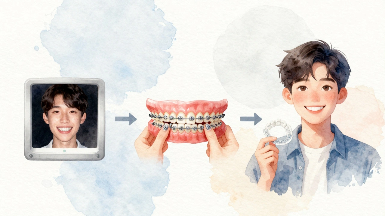 Vizuální časová osa ortodontické léčby od první návštěvy po výsledek.