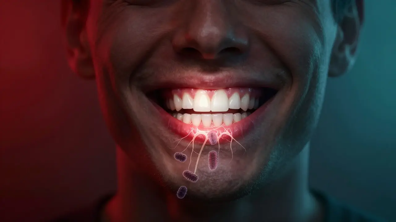 Zdravý úsměv vycházející z temnoty, symbolizující hojení po kyretáži.